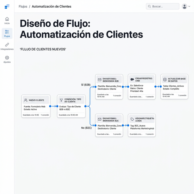 Flujo de automatización con nodos de validación, procesamiento y notificaciones