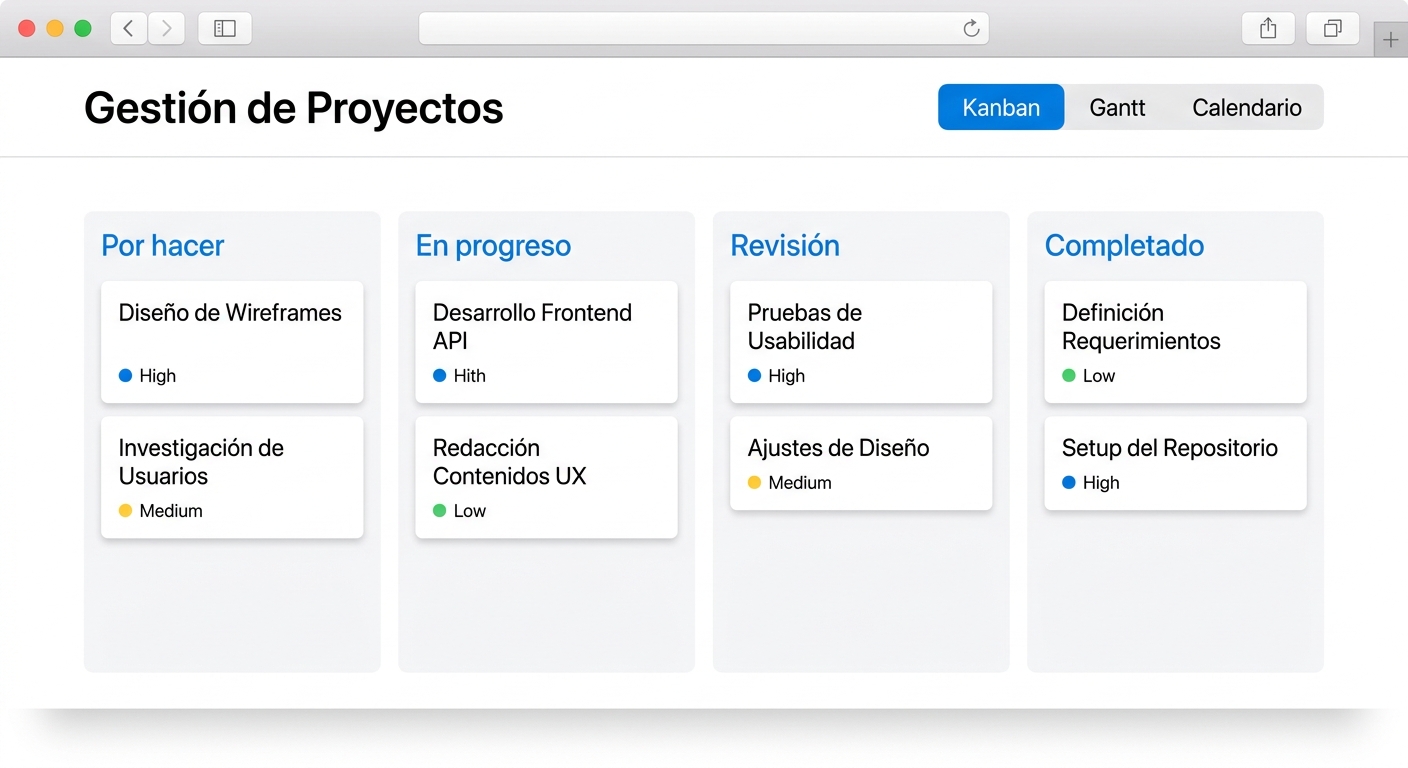 Gestor de proyectos con tablero Kanban, vistas Gantt y calendario